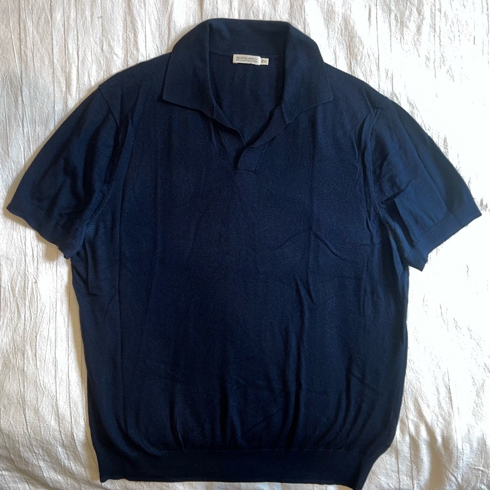 SUITSUPPLY Navy Silk Wool Cashmere Luxury buttonless polo XL